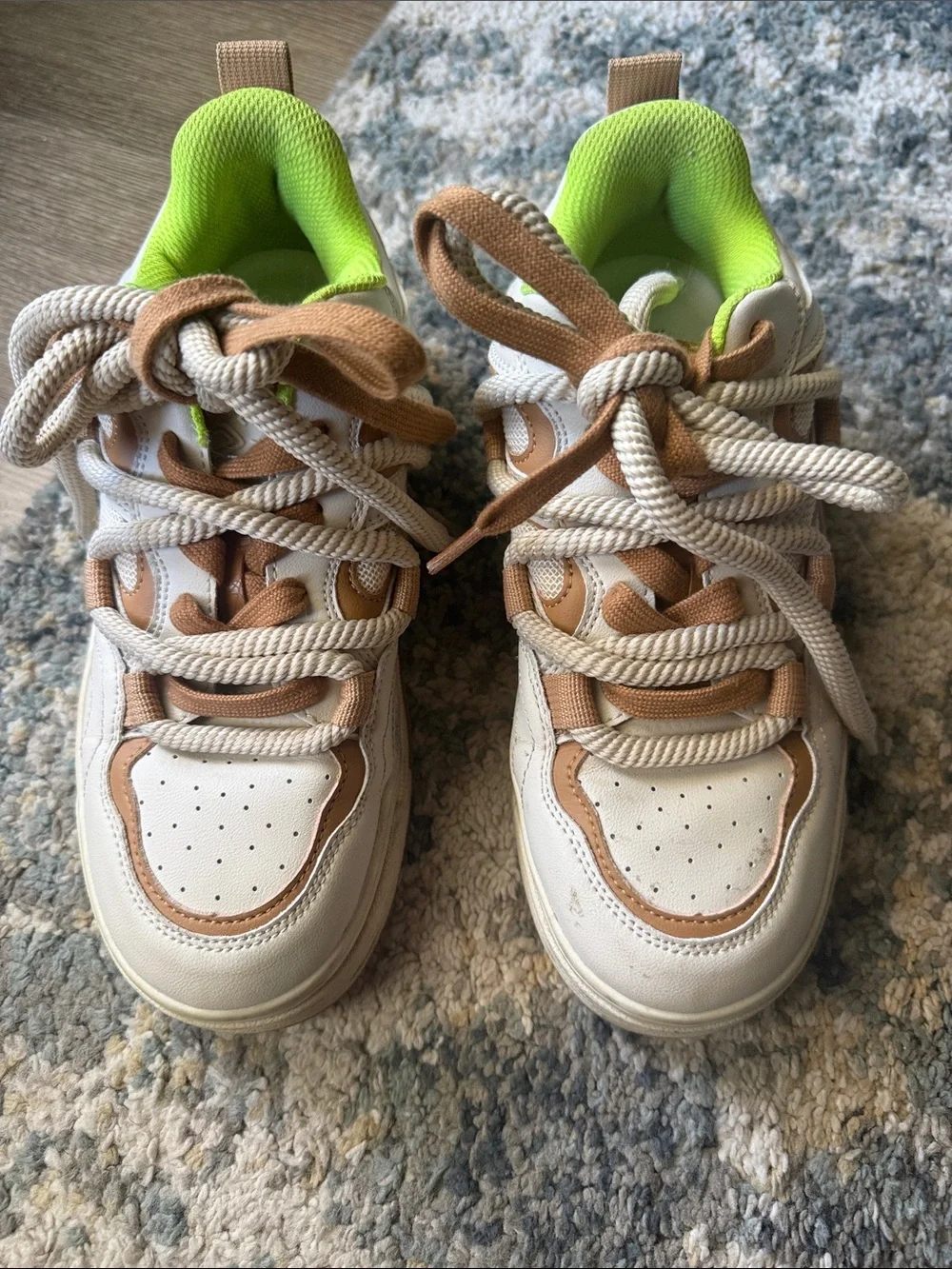 Kids White and Tan Athletic Sneakers with Lime Green Lining